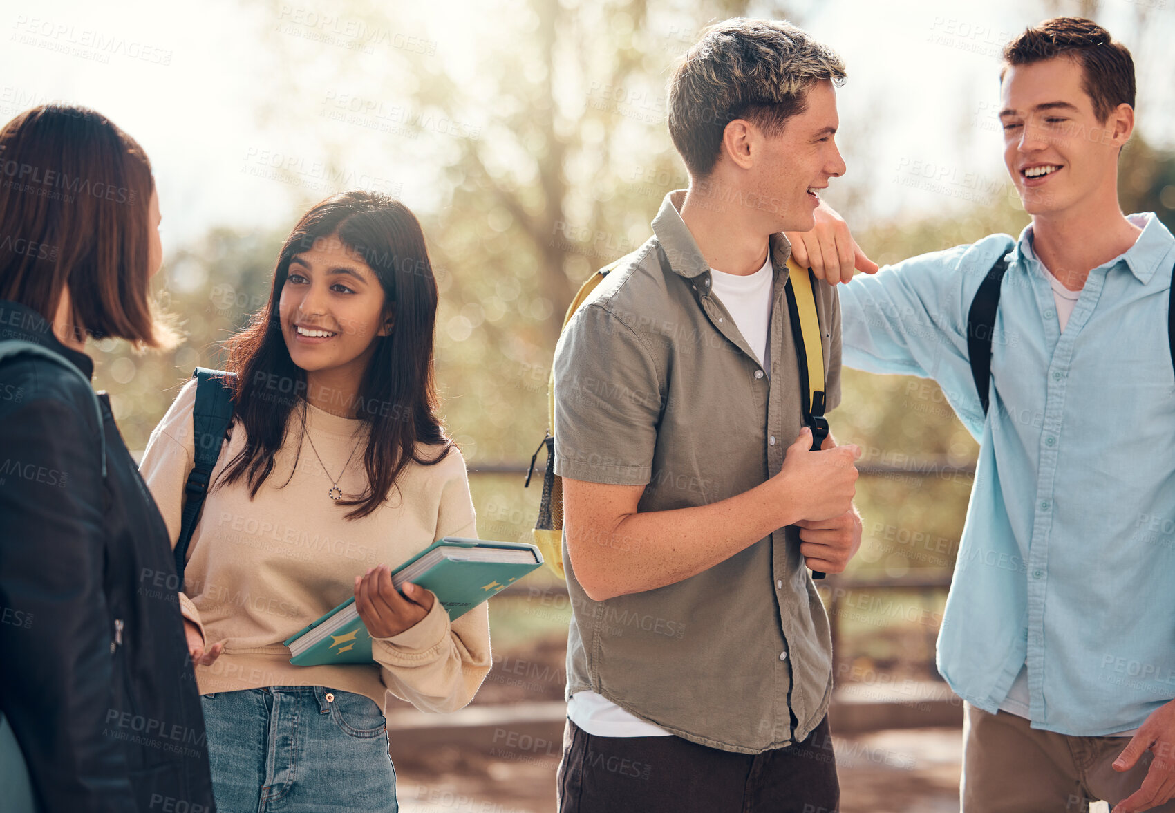 Buy stock photo Student, friends and conversation for social discussion, break or interval at the university. Happy students with smile enjoying communication, socializing or discussing education or scholarship talk