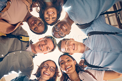 Buy stock photo Face, huddle or student friends with smile for university support, college trust or school project team building. Happy, students teamwork or bottom view people in group circle for success or growth