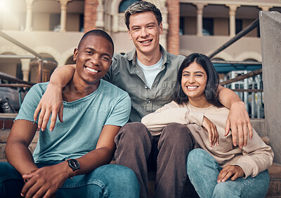 Buy stock photo University, gen z and friends hug portrait with smile at campus together in Los Angeles, USA. Happy, interracial and student friendship with young people bonding outside college building.