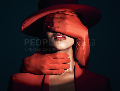 Buy stock photo Fashion, spotlight and sensual woman in studio with a seductive, desire and alluring pose. Beauty, fashionable and sexy girl model with stylish, fancy and edgy red outfit isolated by black background