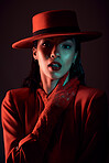 Sexy, fashion and portrait, dark with woman and makeup, retro style with edgy mystery, red aesthetic against studio background. Vintage, beauty and cosmetics with creative, art and fashion model.