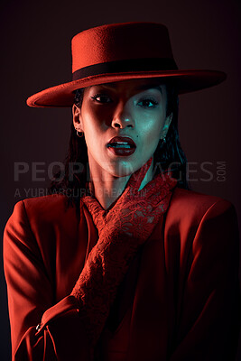 Buy stock photo Sexy, fashion and portrait, dark with woman and makeup, retro style with edgy mystery, red aesthetic against studio background. Vintage, beauty and cosmetics with creative, art and fashion model.