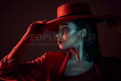 Buy stock photo Art, beauty and black woman burlesque dancer on black background with red hat and retro culture at night. Fashion, makeup and cabaret performance artist with vintage style on dark studio background.
