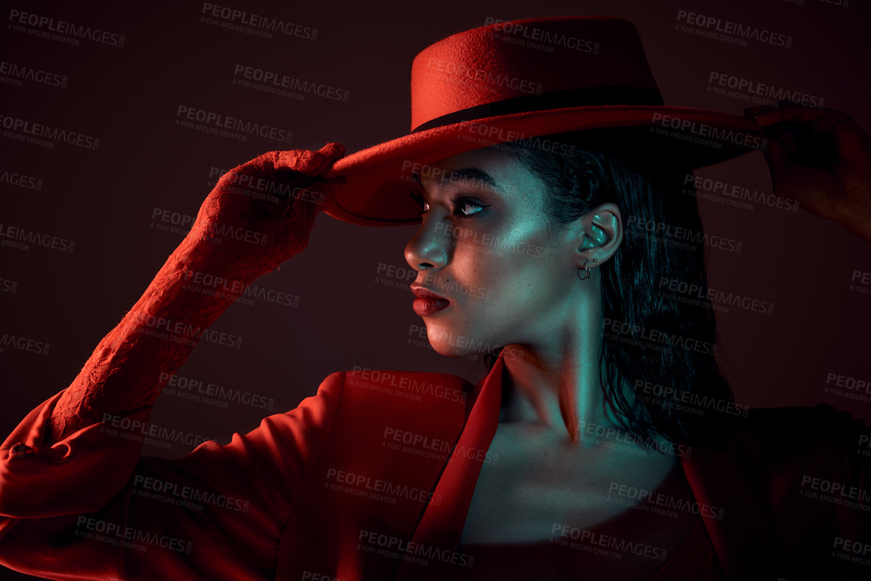 Buy stock photo Art, beauty and black woman burlesque dancer on black background with red hat and retro culture at night. Fashion, makeup and cabaret performance artist with vintage style on dark studio background.