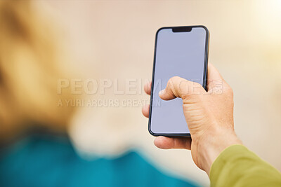 Buy stock photo Hand, phone and mockup for social media, advertising or marketing in texting, chatting or communication. Hands of user on smartphone technology mock up screen display for mobile app or networking