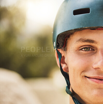 Buy stock photo Closeup portrait, cycling helmet and smile for man at mountain bike park, competition or contest. Happy cyclist, face zoom and safety for bicycle race, extreme sports and focus on vision for winning