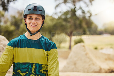 Buy stock photo Happy man, nature and sports helmet for cycling outdoor for mountain bike training fitness, exercise and workout for travel and freedom. Portrait of athlete male ready for marathon with safety gear