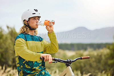 Buy stock photo Wellness, nature and bike man drinking water for healthy lifestyle and fitness in Vancouver, Canada. Journey, adventure and cycling person with water bottle for cardio exercise hydration break.

