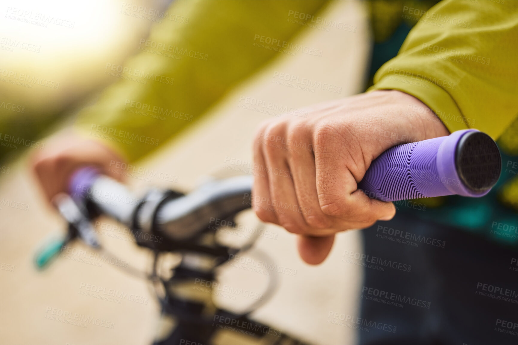 Buy stock photo Hands, sports bike and man outdoor getting ready for bmx training, exercise or workout. Cycling, bicycle and male cyclist holding handlebars preparing to ride for adventure, travel or fitness outside