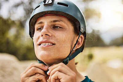 Buy stock photo Start, helmet and face of a man in nature, fitness cycling and training for a sports competition in Australia. Ready, happy and biker with safety for cardio exercise, workout and biking in a park