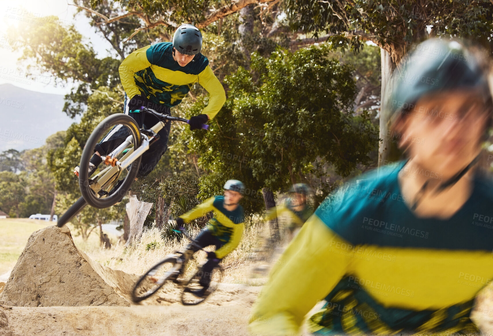 Buy stock photo Sport, cycling and bike outdoor with athlete and extreme sports, high jump and stunt in riding park. Movement, fitness and strong with bicycle, cyclist and mountain bike exercise, active and cardio.