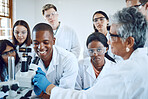 Education, science and teacher with students using microscope for chemistry, biology and medical research . Medicine, healthcare lab and mentor with university class to study analytics of dna sample