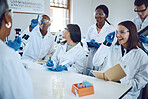 College, science and education with students in laboratory classroom for medicine, learning and research. Question, analysis and help with people and professor for university, study and healthcare