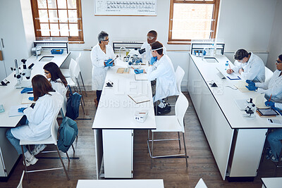 Buy stock photo Education, science and students in lab classroom with professor and equipment for test. Technology, innovation and learning in laboratory at forensic research facility or school for future scientist.