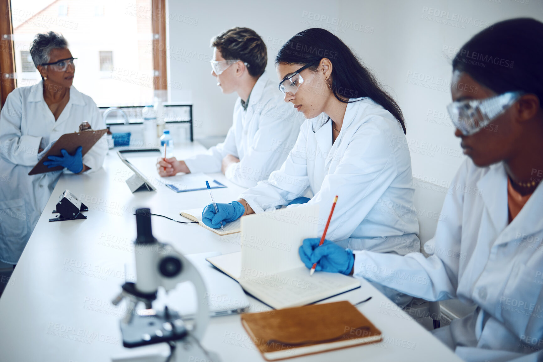 Buy stock photo Science team, collaboration and medical students or expert research analysis for healthcare. Education, professor teaching and brainstorming for laboratory analytics or planning strategy innovation