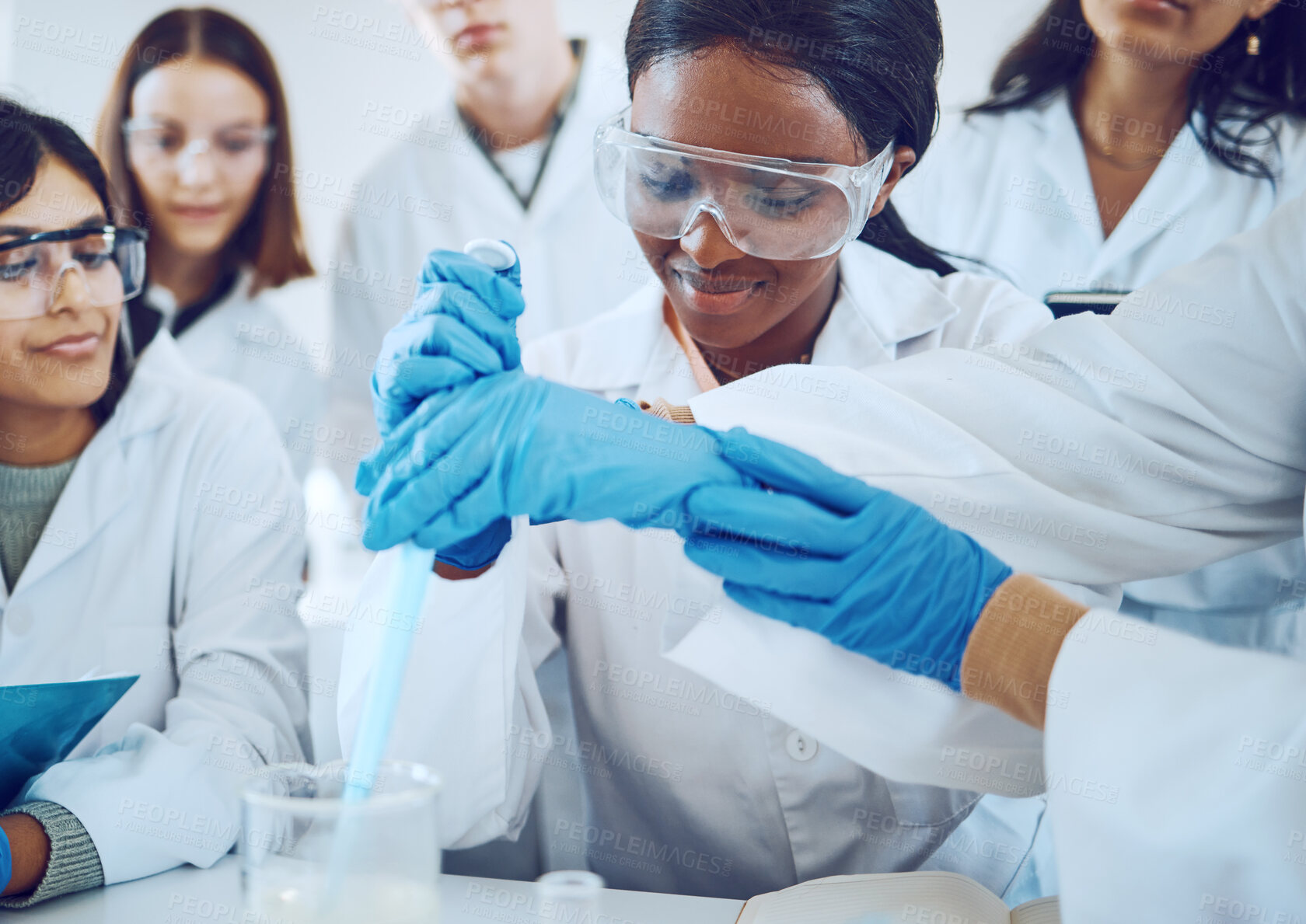 Buy stock photo Science, teamwork and students chemical experiment or demonstration in laboratory for healthcare innovation or college exam. Scientist, medical team and pharmaceutical research or analysis study