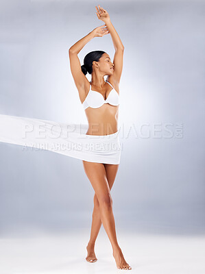 Buy stock photo Body, underwear and woman in studio with fabric mockup in fashion, design or luxury tailor for retail marketing. Clothes, sexy and lingerie cloth, textile and model in designer mockup for advertising