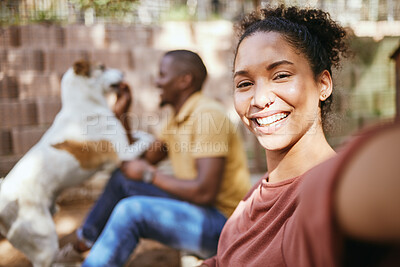 Buy stock photo Black woman, selfie and dog adoption with happiness and love with family outdoor. Puppy, pet and woman portrait in the sunshine happy about bringing animal to its new home in summer with a smile