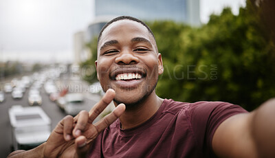 Buy stock photo Man, face or peace sign on fitness selfie in city workout, training or exercise success for Nigerian wellness, marathon or sports. Portrait, smile or happy runner in photography pov or hand gesture