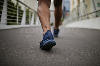 Buy stock photo Fitness, legs or runner walking on a city bridge in a warm for training, cardio exercise or calf muscle workout. Wellness, zoom or sports athlete trekking or exercising with running shoes or footwear