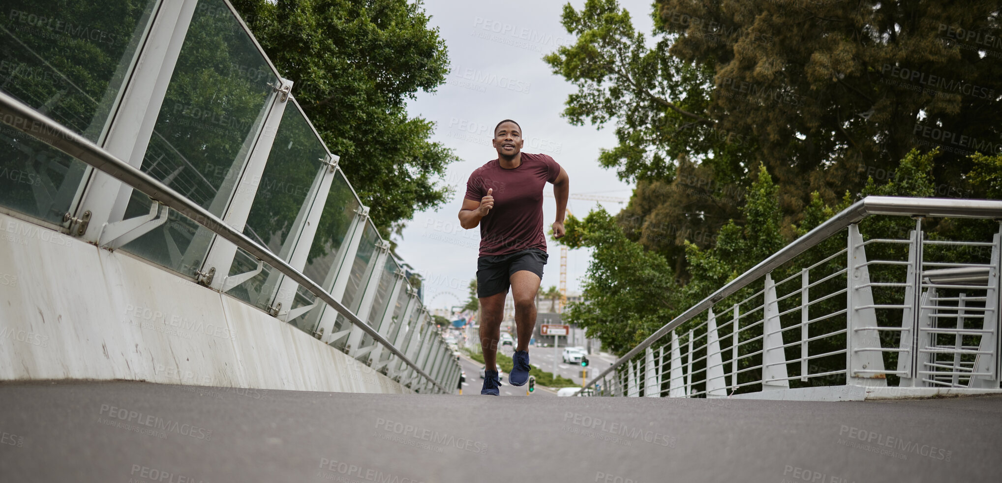 Buy stock photo Health, black man and running for fitness, workout and training for marathon, wellness or endurance. African American male, athlete or runner outdoor, exercise and practice for competition or balance