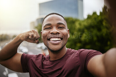 Buy stock photo Fitness, selfie and portrait of a black man in the city after a workout in the street on a bridge. Happy, smile and African male athlete posing for a picture after cardio exercise or training in town