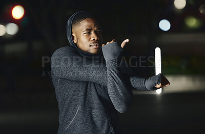 Buy stock photo Black man, stretching arms or night fitness in city workout or training exercise in healthcare, cardiovascular wellness or body muscle growth. Runner, sports athlete or person warm up in late evening