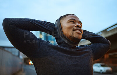 Buy stock photo Running, fitness and city with a sports black man taking a rest during his exercise or workout in the evening. Training, health and break with a male runner or athlete in an urban town for cardio