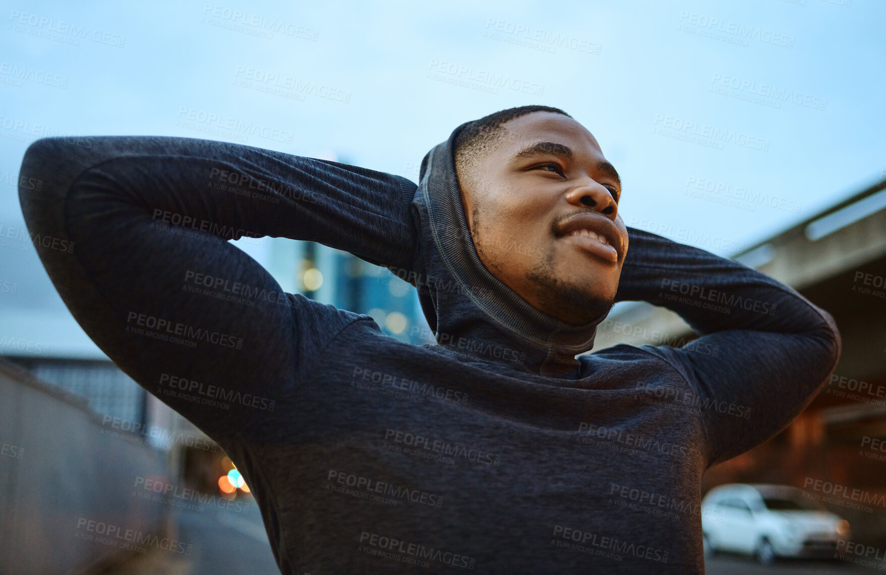 Buy stock photo Running, fitness and city with a sports black man taking a rest during his exercise or workout in the evening. Training, health and break with a male runner or athlete in an urban town for cardio