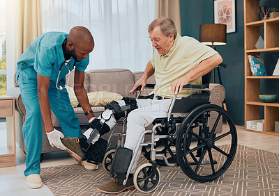 Buy stock photo Elderly patient, leg surgery and physiotherapy recovery with a black man nurse helping with care. Nursing home, hospital and healthcare clinic help with a senior male ready for physical therapy