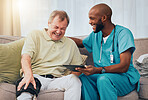 Rehabilitation, knee pain and man and nurse with tablet for recovery results, patient report and scan at home. Healthcare, support and happy medical worker with senior man laughing in consultation