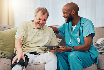 Buy stock photo Rehabilitation, knee pain and man and nurse with tablet for recovery results, patient report and scan at home. Healthcare, support and happy medical worker with senior man laughing in consultation