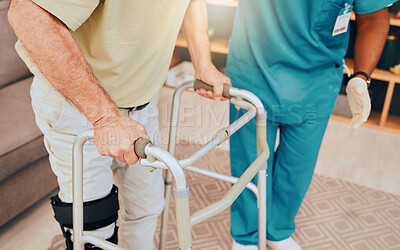 Buy stock photo Physiotherapy, walker and help with old man and nurse for disability, help and support in rehabilitation. Retirement, healthcare and physical therapy with caregiver and senior patient in nursing home