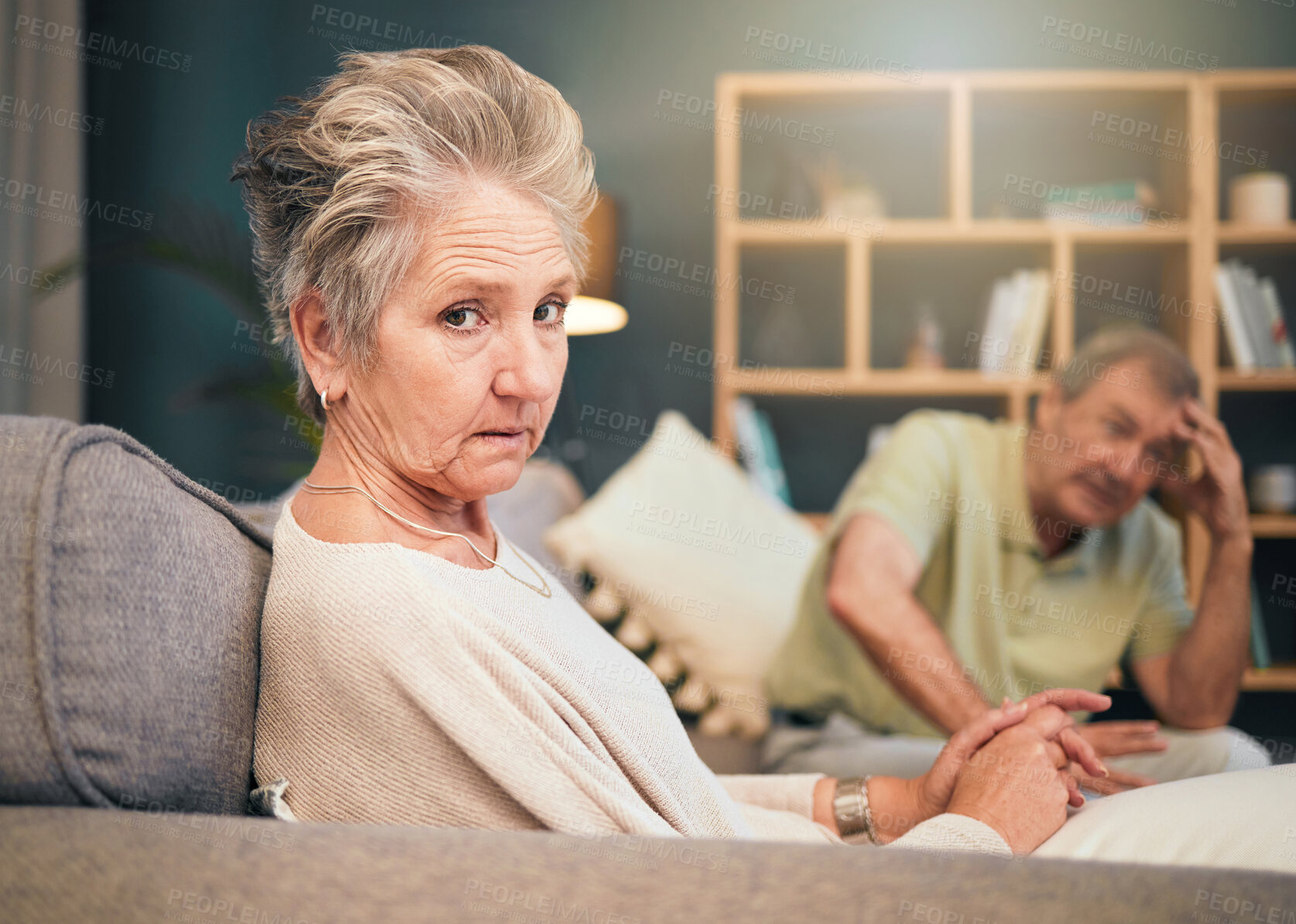 Buy stock photo Stress, anxiety and senior couple in therapy on sofa for marriage counseling and senior care. Portrait of angry old woman, mental health care and relationship advice or support for divorce burnout.