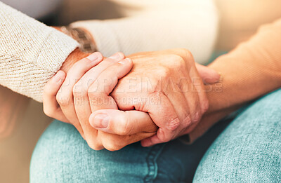 Buy stock photo Support, trust and hands, senior care in therapy or grief counseling session. Love, care and understanding between elderly and and caregiver. Hope, empathy and help in time of need for mental health.