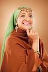 Beauty, senior and muslim model portrait with smile for skincare, anti aging and aesthetic with hijab. Wellness, dermatology and healthy skin glow of mature woman on brown studio background.