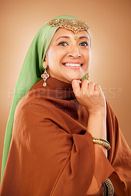 Buy stock photo Beauty, senior and muslim model portrait with smile for skincare, anti aging and aesthetic with hijab. Wellness, dermatology and healthy skin glow of mature woman on brown studio background.