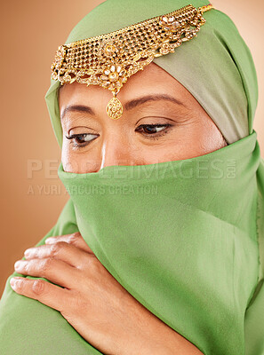 Buy stock photo Muslim woman, face or fashion burka on studio background in Iranian human rights, religion empowerment or traditional power. Zoom, islamic or mature beauty model with hijab scarf in arabic aesthetic