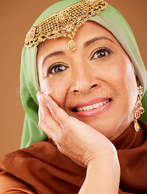 Buy stock photo Mature muslim woman, portrait or beauty on studio background in skincare dermatology, self love healthcare or Iran wellness. Zoom, middle aged islamic model or hand on face and happy smile expression