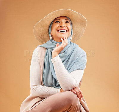 Buy stock photo Hijab, fashion and happy woman thinking on studio background, trendy hat and summer style. Laughing, happiness and mature muslim model, islamic culture and beauty for positive mindset, ideas or smile