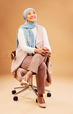 Buy stock photo Muslim, business chair and office woman in studio with fashion idea, company vision or corporate designer clothes for islamic culture. Mockup of professional arabic worker thinking of creative career