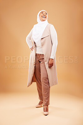 Buy stock photo Fashion, beauty and senior Muslim woman in studio on orange background with stylish, modern and trendy outfit. Creative style, culture and fashion model smile with designer, luxury and cool clothes