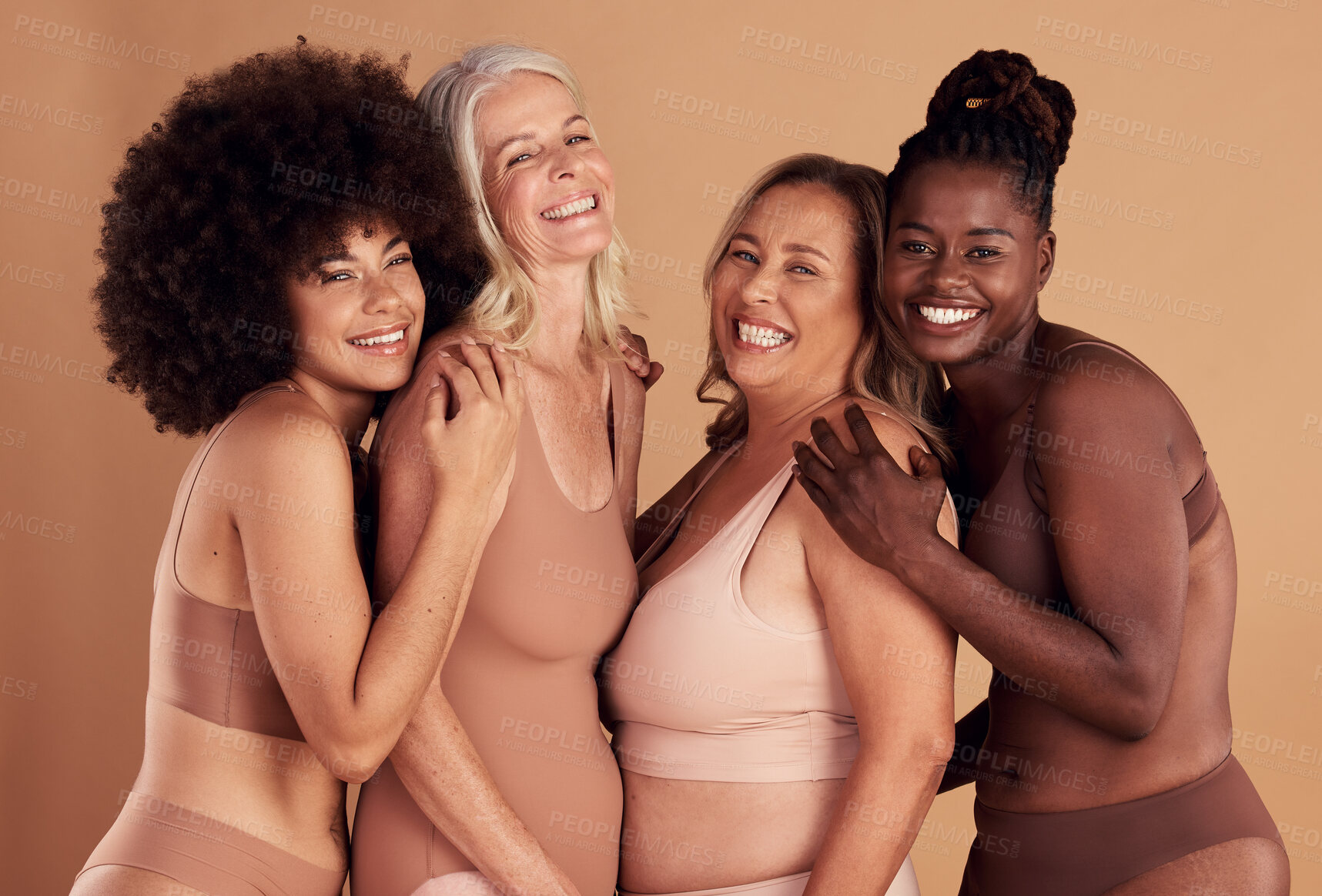 Buy stock photo Diversity, happy and women with natural beauty, skincare and cosmetics together on studio background. Portrait group of female models in underwear for wellness, real body positivity and self love 