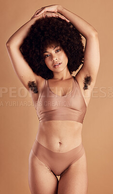 Buy stock photo Beauty portrait, skincare and black woman body positivity in studio for dermatology wellness, self care and natural body care motivation in underwear. African woman, confident model and self love