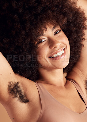Buy stock photo Armpit hair, natural growth and woman satisfied, smile and happy with female body, beauty and wellness. Afro hair, spa salon and headshot face portrait of unshaven African model on studio background