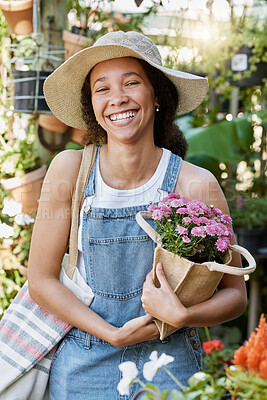 Buy stock photo Flowers, shopping and woman at a nursery with a smile for nature, spring sustainability and growth of plants in a garden. Gardening, ecology and portrait of a happy customer at a floral shop