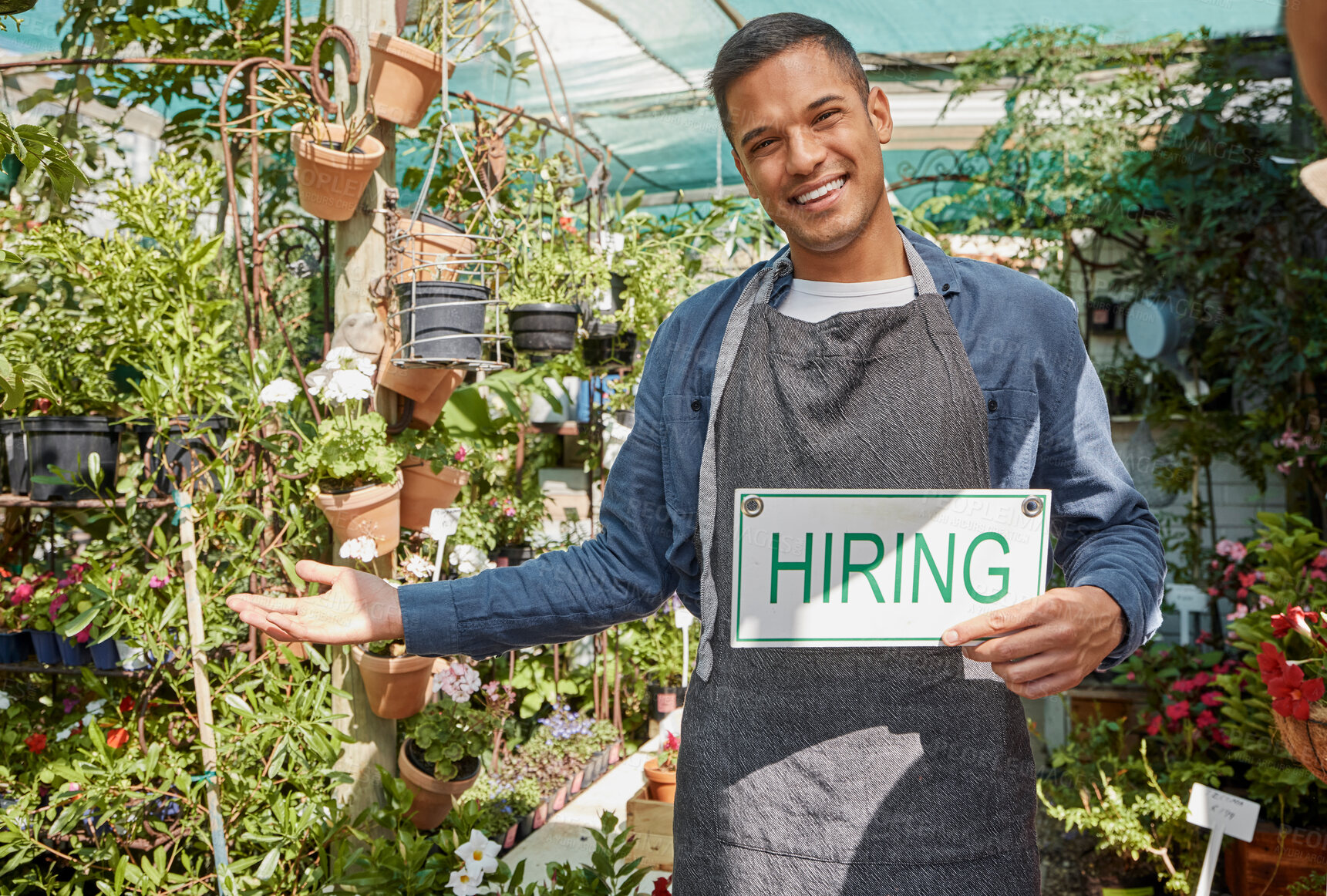 Buy stock photo Plants, garden or manager with a hiring sign at a small business with flowers, nature or growth sustainability. Portrait, job offer or happy business owner with an onboarding banner in gardening shop