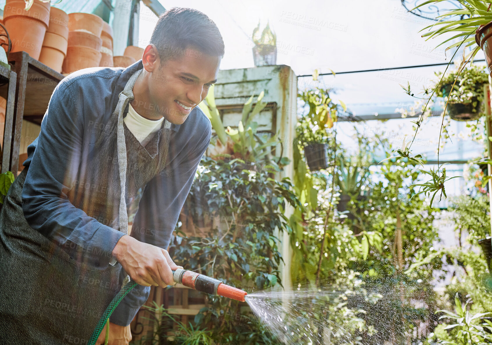 Buy stock photo Water, plant gardening and man in greenhouse small business, shop or outdoor store smile for growth success. Happy young worker in agriculture  or floral industry in garden for spring plants sale