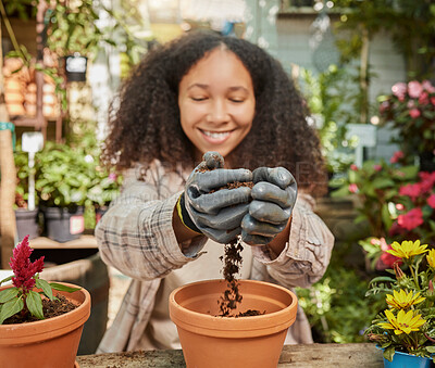 Buy stock photo Black woman, garden and soil with plant and environment, happy gardener with dirt and nature, growth and sustainability. Spring, natural and gardening with earth, agriculture and compost for flowers.