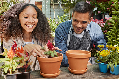 Buy stock photo Man, woman and flowers in greenhouse, relax and smile for flora, happy and outdoor. Hispanic male, Latino female and gardener with pot plants for hobby, planting for agriculture and eco friendly.